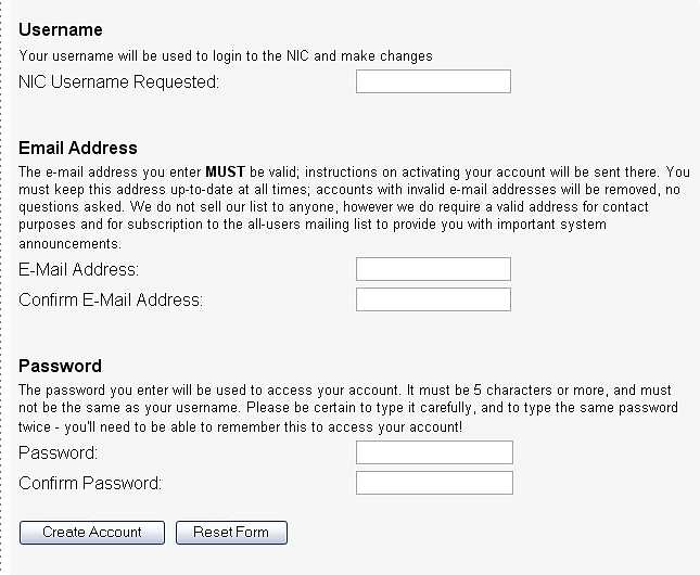 NIC sign up screenshot